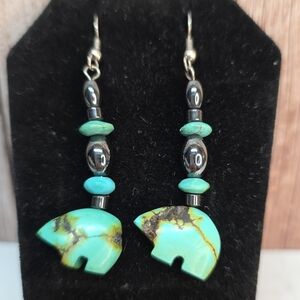 Southwestern Turquoise Bear Fetish Dangle Earrings Vintage